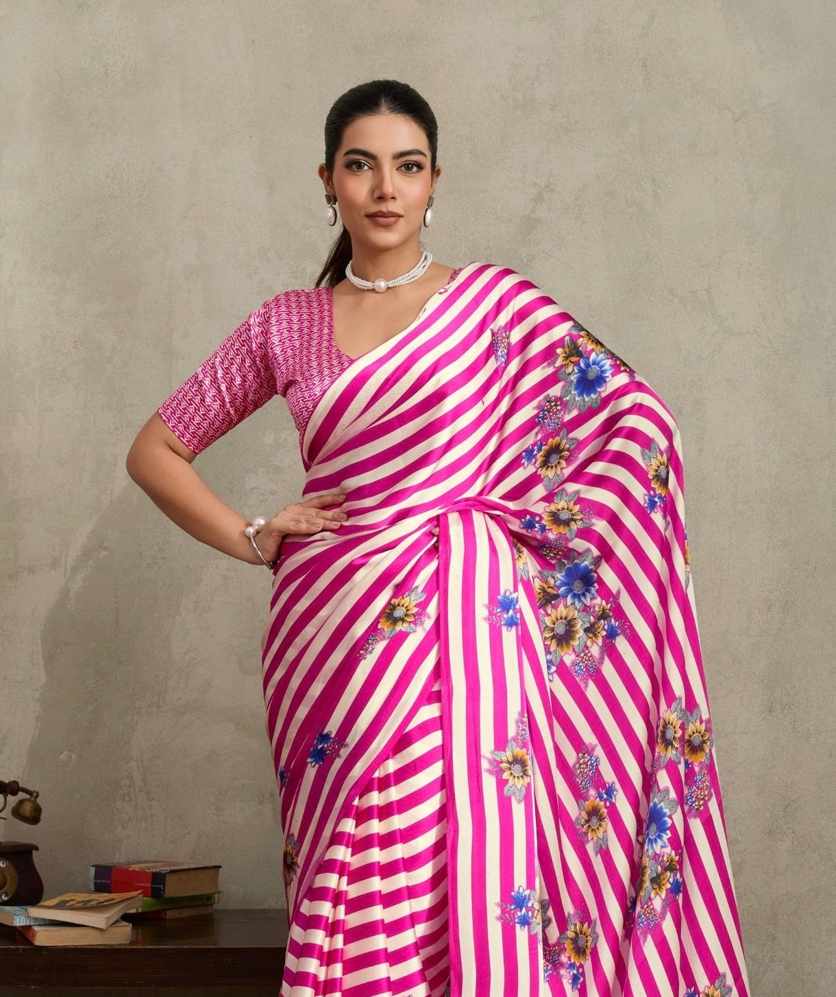 Pink and white Stripe Crepe Silk Readymade/Easy Saree