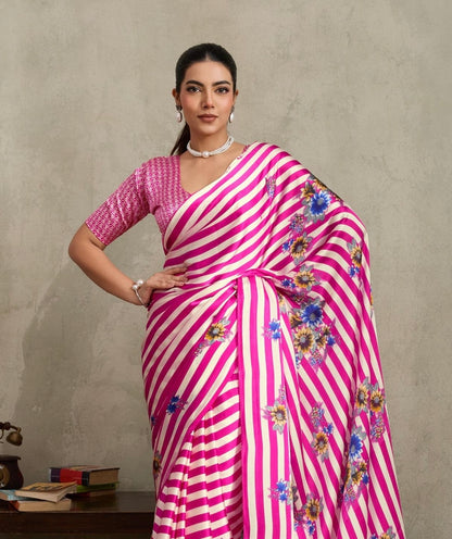 Pink and white Stripe Crepe Silk Readymade/Easy Saree