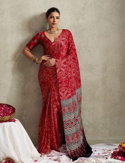 Red Crepe Silk Readymade/Easy Saree