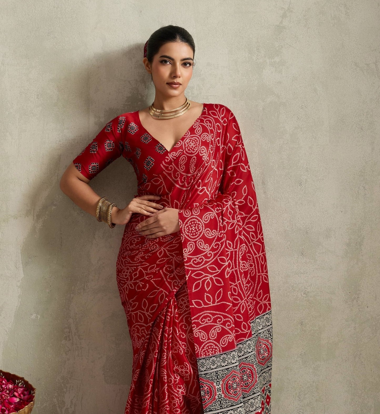 Red Crepe Silk Readymade/Easy Saree