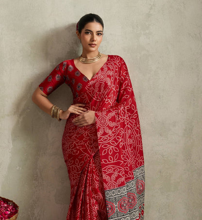 Red Crepe Silk Readymade/Easy Saree