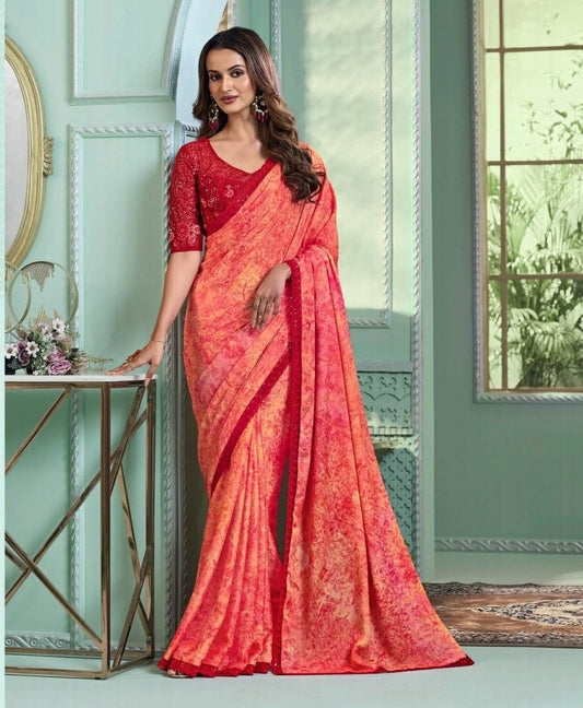 Peach Cocktail Georgette Readymade Saree