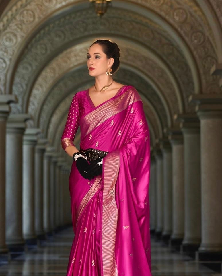 Pink Satin Silk Readymade/Easy Saree - Panaash Saree