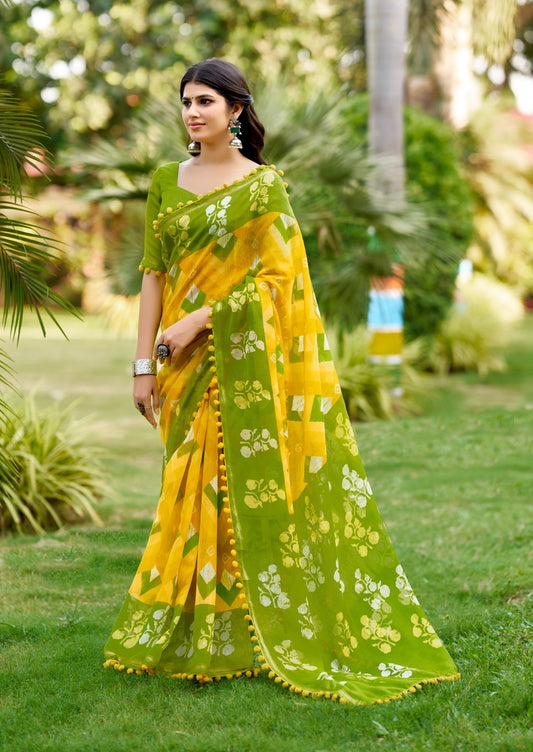 Lime Mul Mul Cotton Easy/Readymade Saree