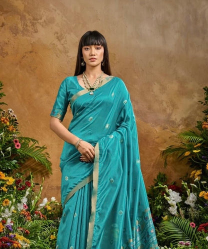 Blue Munga Silk Ready To Wear/Easy Saree by Stylebypanaash