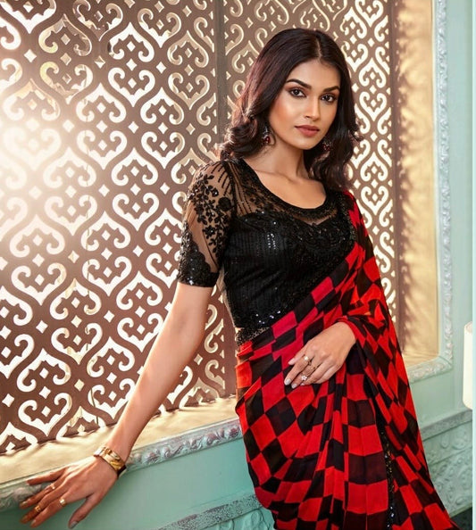 Red & Black Cocktail Readymade Saree