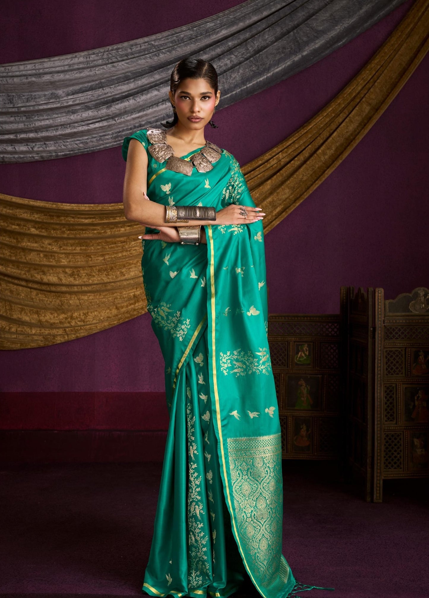 Teal Green Satin Silk Readymade/Easy Saree - Panaash Saree