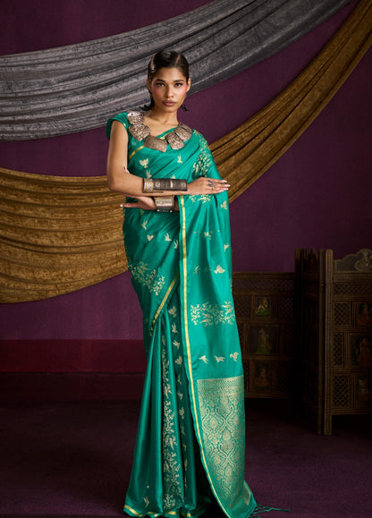 Teal Green Satin Silk Readymade/Easy Saree - Panaash Saree