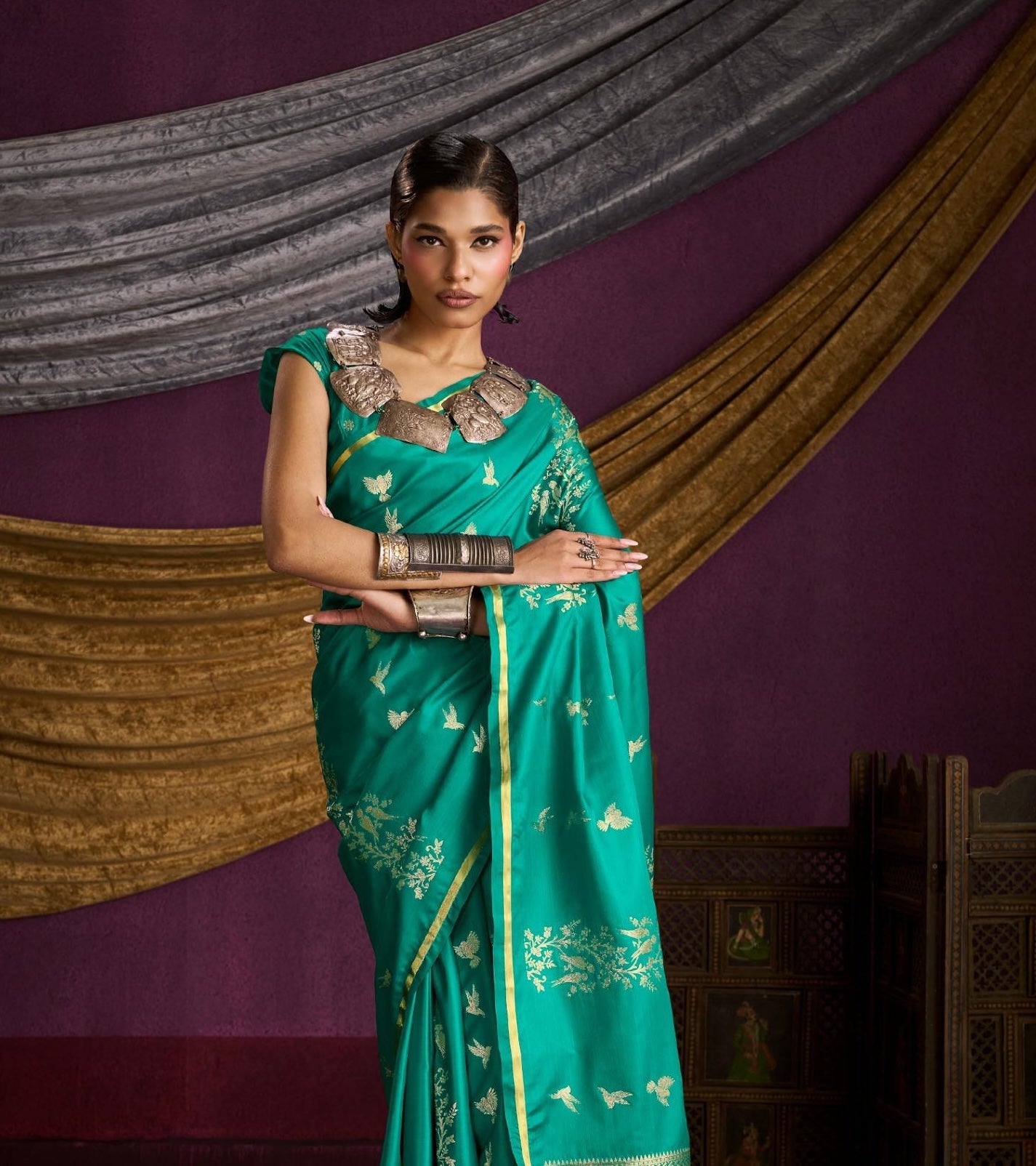 Teal Green Satin Silk Readymade/Easy Saree - Panaash Saree