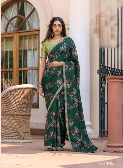 Green Color Printed Silk Readymade/Easy Saree