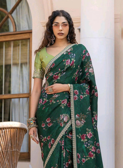 Green Color Printed Silk Readymade/Easy Saree