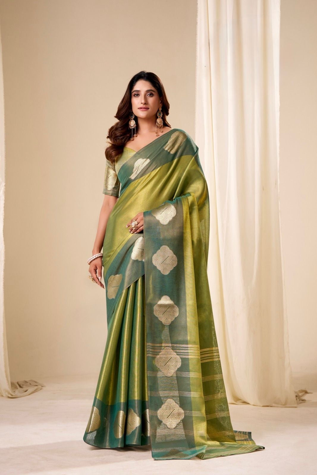 Olive green Tissue Silk Readymade/Easy Saree