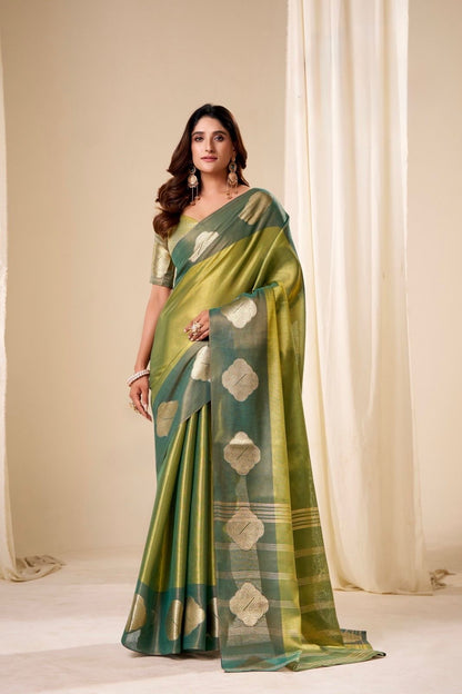 Olive green Tissue Silk Readymade/Easy Saree
