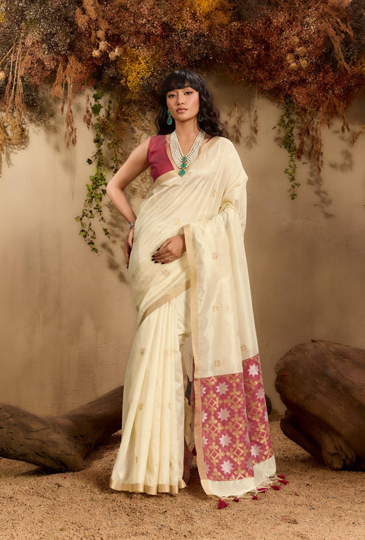 White Color Raw Silk Readymade/Easy Saree