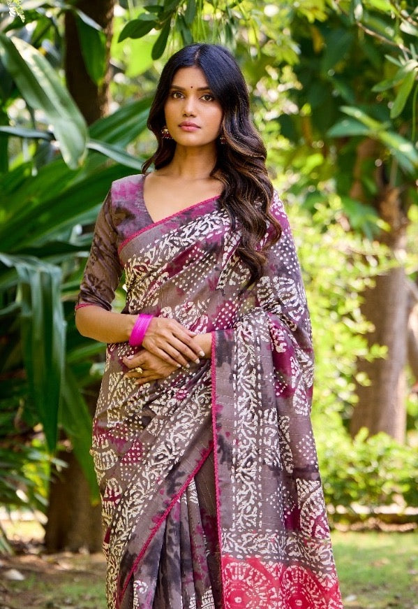 Purple Batik Print Mul Cotton Easy/Readymade Saree