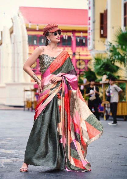 Grey Multicolor Crepe Silk Ready To Wear/Easy Saree