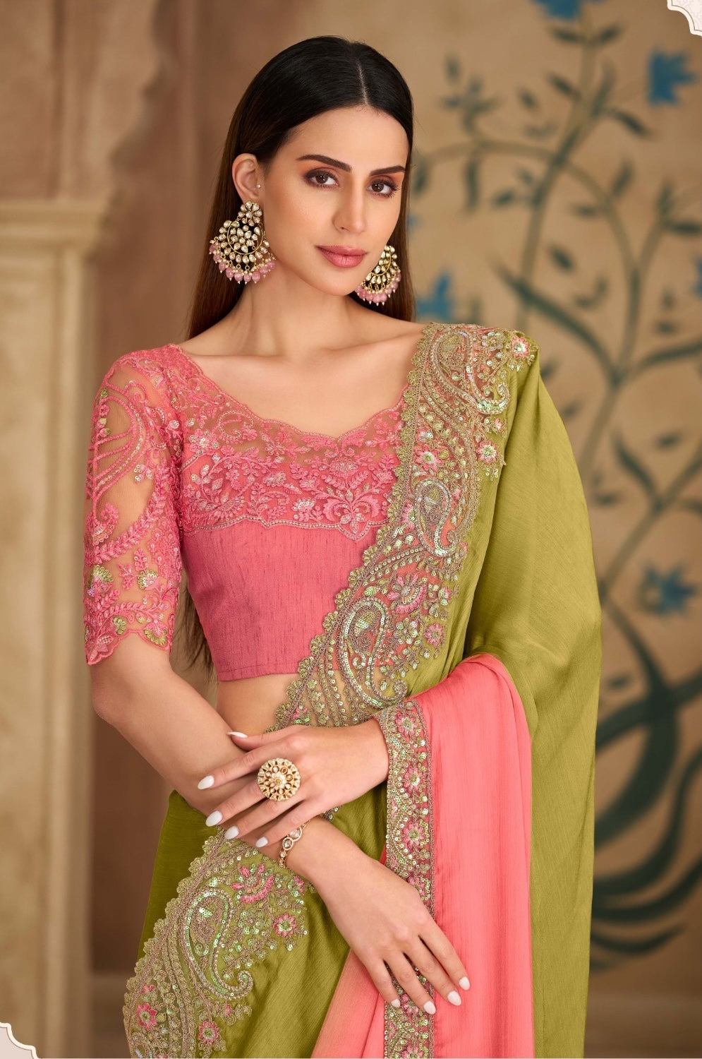 Green & Peach Cocktail Party Wear Readymade Saree