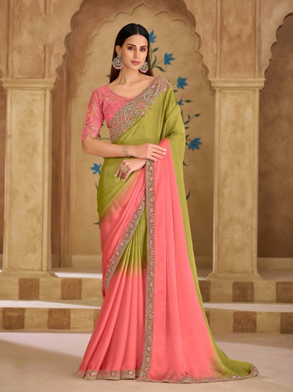 Green & Peach Cocktail Party Wear Readymade Saree