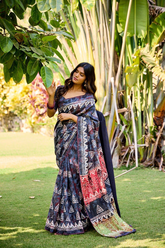 Blue Batik Print Mul Cotton Easy/Readymade Saree