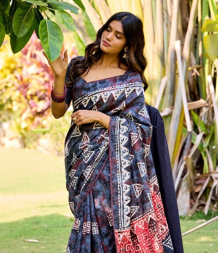 Blue Batik Print Mul Cotton Easy/Readymade Saree