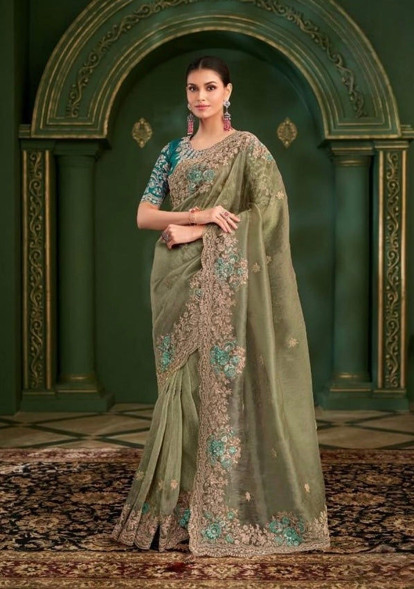 Olive Cocktail Ready To Wear/Easy Saree - Panaash Saree