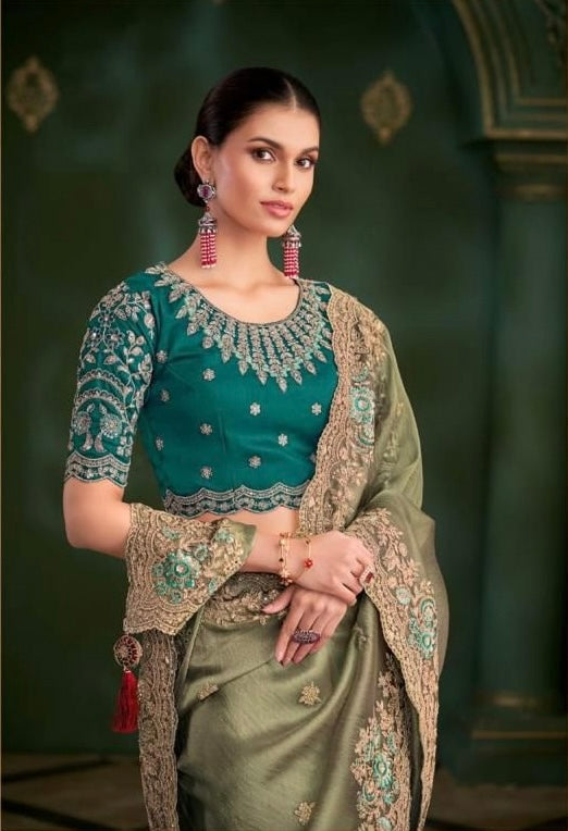 Olive Cocktail Ready To Wear/Easy Saree - Panaash Saree