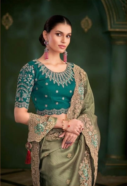Olive Cocktail Ready To Wear/Easy Saree - Panaash Saree