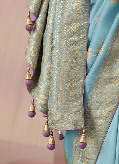 Light Blue Color Designer Kanjivaram Silk Readymade/Easy Saree