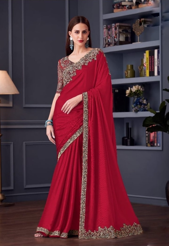 Ruby Red Cocktail Ready To Wear/Easy Saree by StylebyPanaash