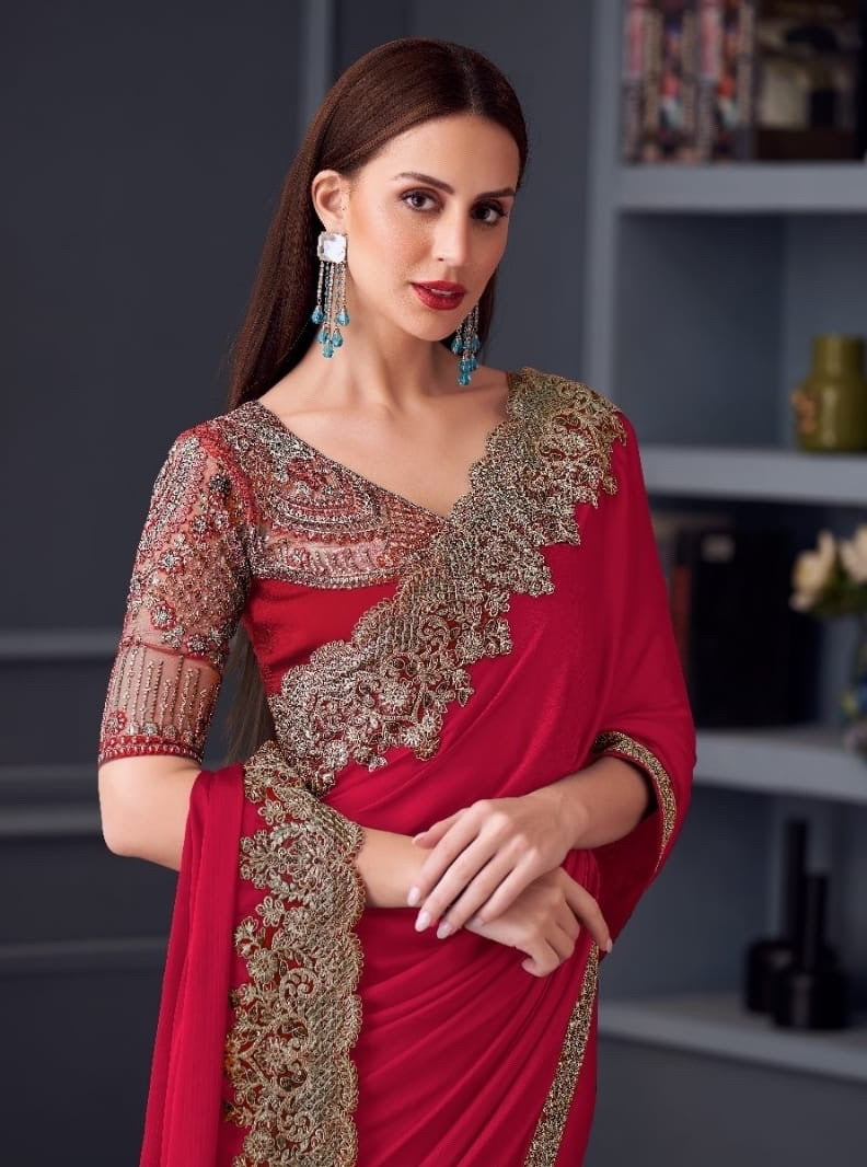 Ruby Red Cocktail Ready To Wear/Easy Saree by StylebyPanaash
