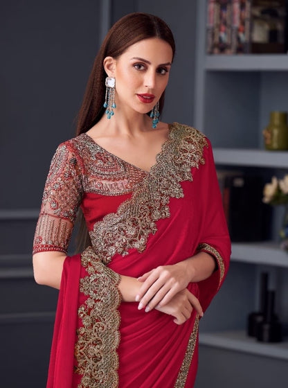 Ruby Red Cocktail Ready To Wear/Easy Saree by StylebyPanaash