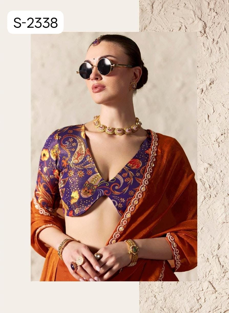Rust Fancy Tissue Silk Ready to wear/Easy Saree - Panaash Saree