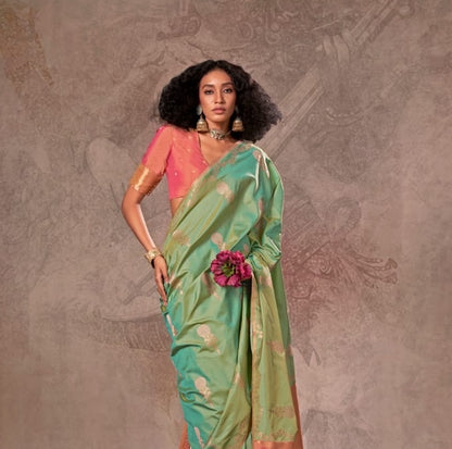 Mint Green Kanjivaram Silk Readymade/Easy Saree - Panaash Saree