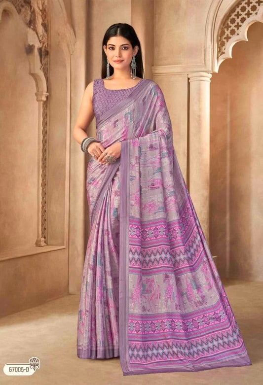 Lilac crepe silk ready-to-wear saree with magenta patterned border and drape
