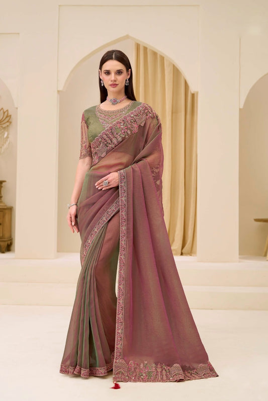 Olive Brown Cocktail Party Wear Readymade Saree