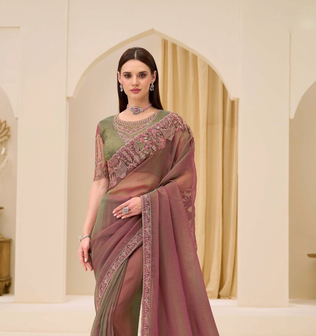 Olive Brown Cocktail Party Wear Readymade Saree