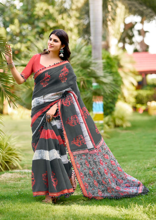 Grey Mul Mul Cotton Easy/Readymade Saree