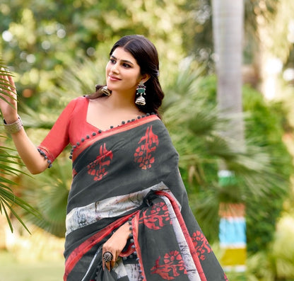 Grey Mul Mul Cotton Easy/Readymade Saree