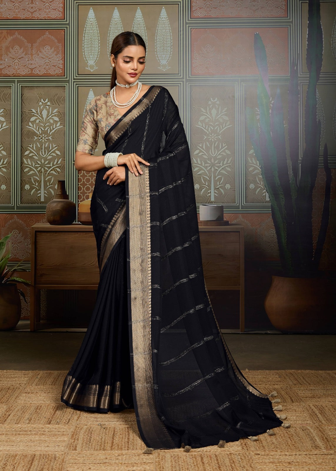 Black Georgette Readymade/Easy Saree