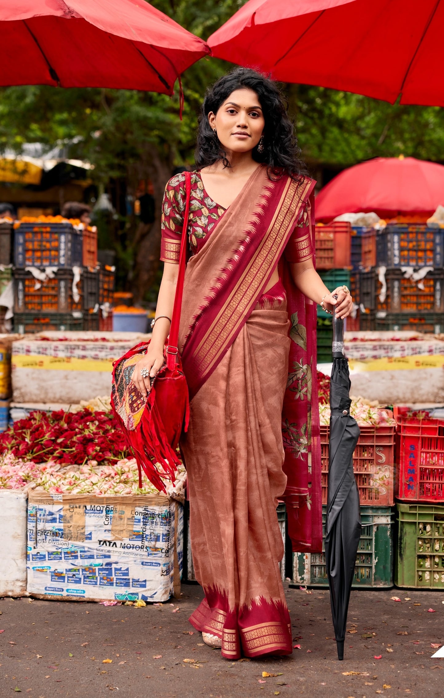 Red Cotton Ready To Wear/Easy Saree by Stylebypanaash 