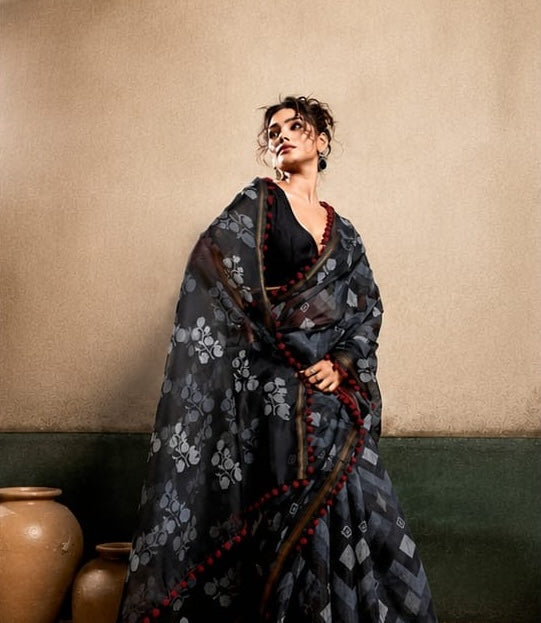 Black Mul Cotton Ready To Wear/Easy Saree