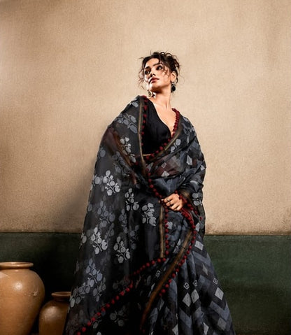 Black Mul Cotton Ready To Wear/Easy Saree