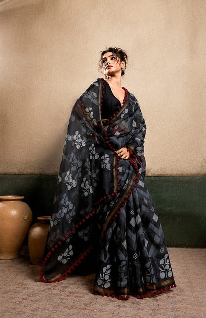 Black Mul Cotton Ready To Wear/Easy Saree