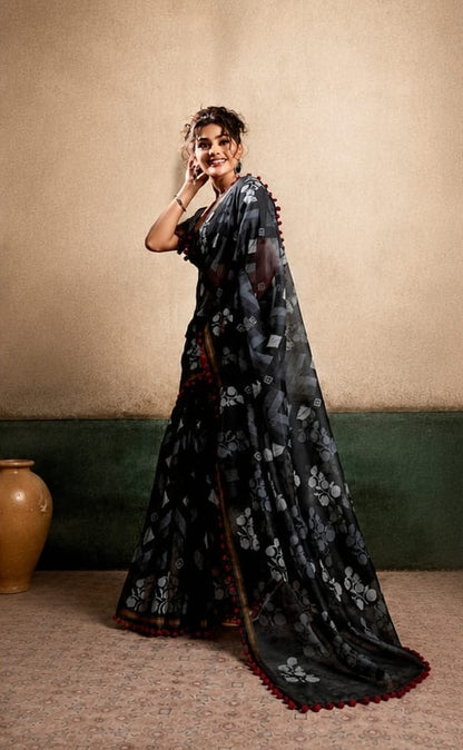 Black Mul Cotton Ready To Wear/Easy Saree
