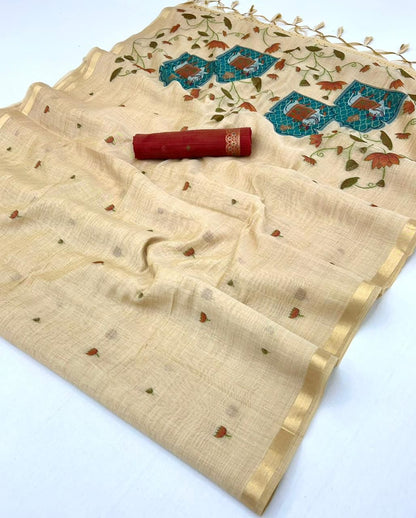 Beige Color Cotton Readymade/Easy Saree