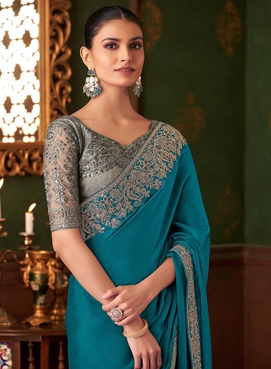 Turquoise Color Cocktail Readymade Saree