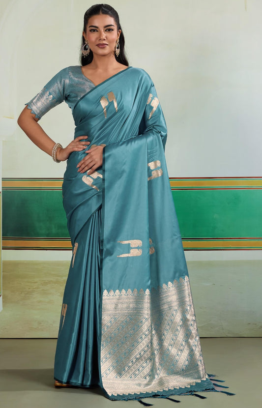 Pastel Blue Satin Silk Readymade/Easy Saree