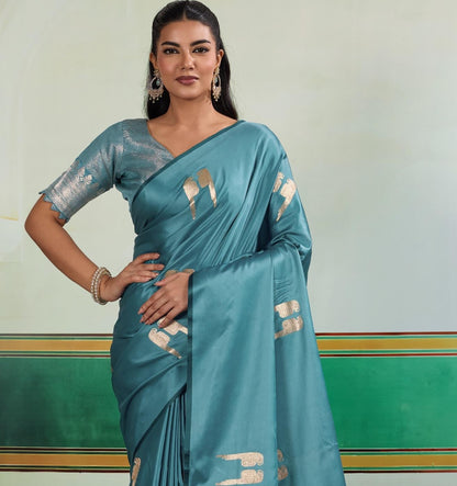 Pastel Blue Satin Silk Readymade/Easy Saree