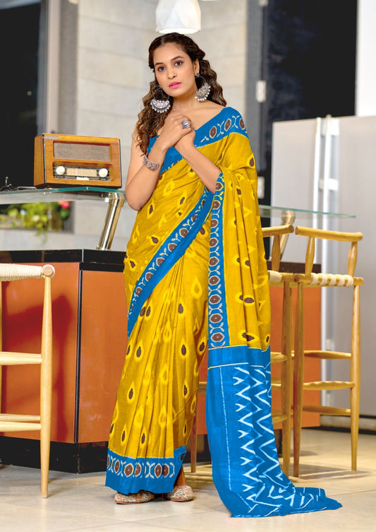 Yellow Mul Cotton Easy/Readymade Saree
