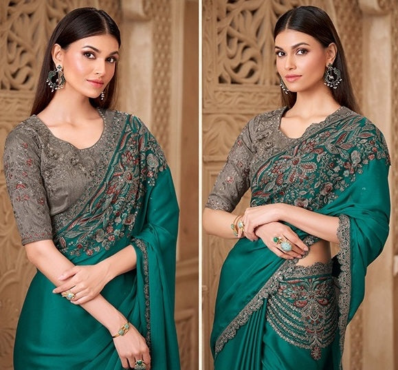 Peacock Color Cocktail Party Wear Readymade Saree